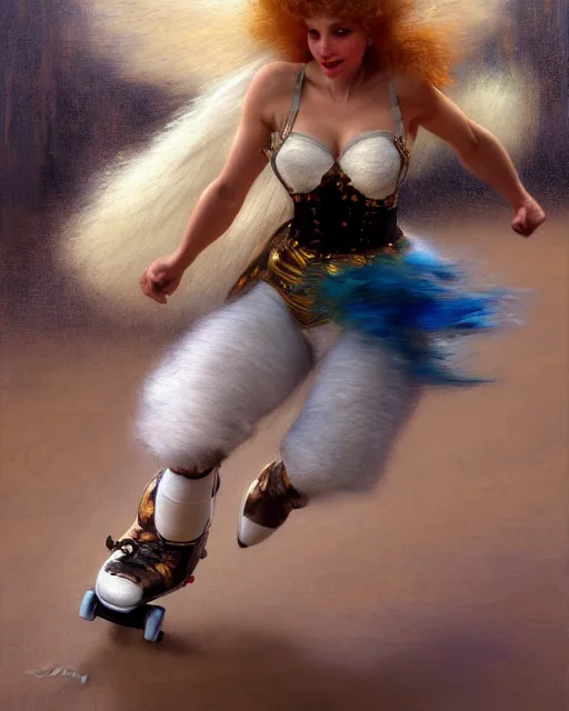 Image similar to a buff white female anthro wolf skating at a roller derby, 4 k, furaffinity, fursona, trending on artstation, energetic, speed, motion blur, by gaston bussiere, craig mullins, j. c. leyendecker, gustav klimt, artgerm, greg rutkowski, alphonse mucha