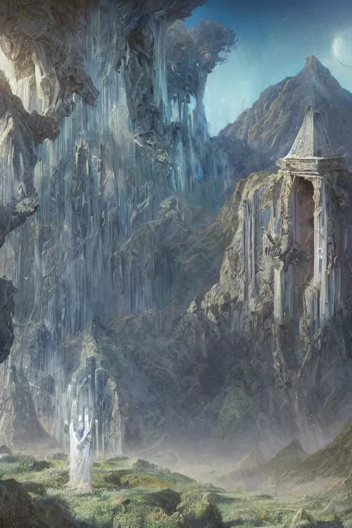 Image similar to amazing concept painting, by Jessica Rossier and HR giger and Beksinski, A gleaming white opera hall fortress overlooks a fertile valley, brutalist deak ferrand Jean-pierre Ugarte bases lead to an art nouveau Rivendell, terraces, hallucination, garden of eden