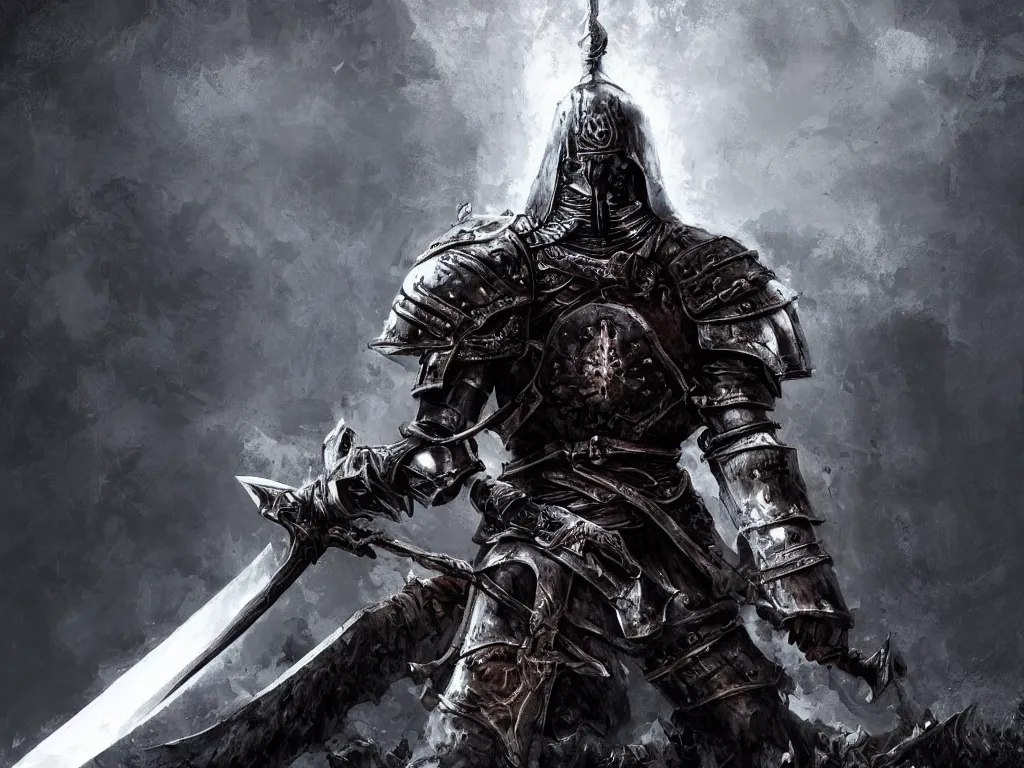 Image similar to warrior of death with big sword and shining armor standing and looking down, out of his back is coming white smoke, in the style of dark souls, conzept art