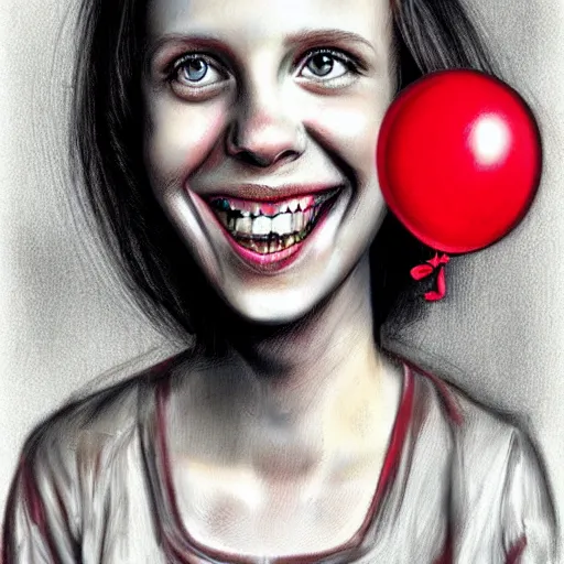 Prompt: surrealism grunge cartoon portrait sketch of millie bobby brown with a wide smile and a red balloon by - michael karcz, loony toons style, horror theme, detailed, elegant, intricate