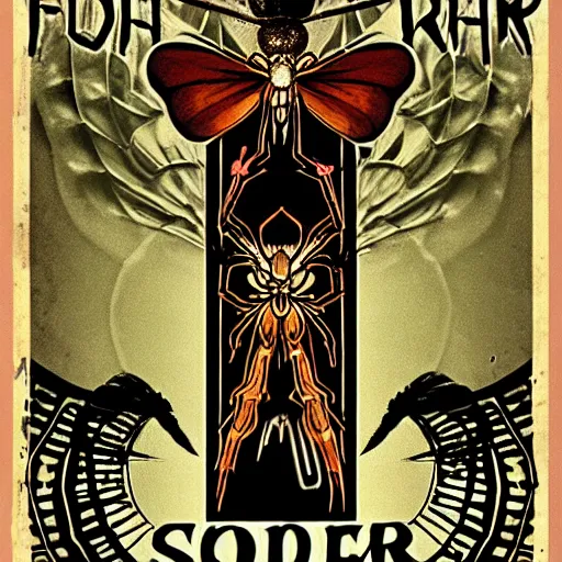 Image similar to so where were the spiders while the fly tried to break our bones with just the beer light to guide us so we bitched about his fans and should we crush his sweet hands, inspired by art nouveau rock posters