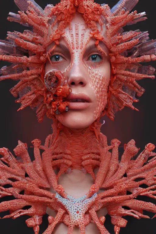 Prompt: complex 3 d render, hyper detailed, ultrasharp, digital art of a beautiful cyber queen portrait with a porcelain profile face, natural soft rim light, headdress made of corals, daisies, colorful vapor, expensive red fabric, cyberpunk metallic brackets, ferra white mecha, by alexander mcqueen, octane highly render, 4 k, ultra hd