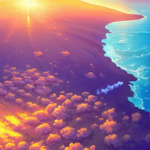 Image similar to a painting a breathtaking aerial view of Hawaiian islands, surrounded by palm trees, clouds, flowers, volcano, azure ocean, sunlight glistening, glow, , a detailed matte painting by sylvain sarrailh, Stephan Martinière, by RHADS, Makoto Shinkai, bokeh, Artstation contest winner, fantasy art, concept art, #vfxfriday