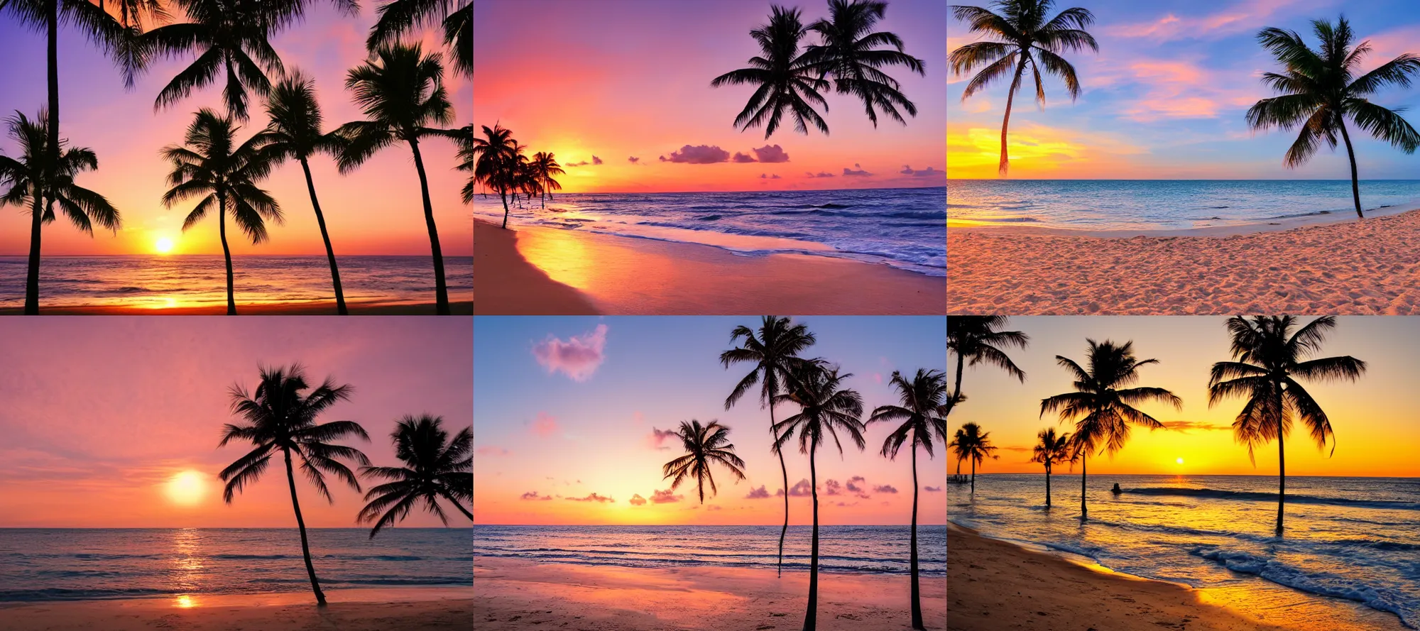 Prompt: Beach with ocean and palm trees at sunset, golden hour, crimson gradient