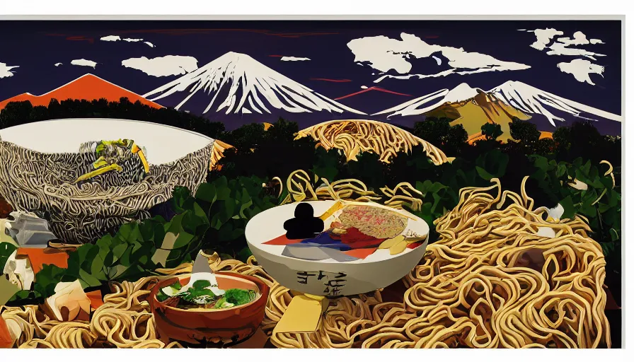 Prompt: award winning graphic design poster, cutouts constructing an contemporary art depicting a colossal ramen bowl in the foreground, rural splendor and a mountain range isolated on white, a single Mount Fuji in the distant horizon, ramen bowl containing bountiful crafts, local foods, in the style of edgy and eccentric abstract cubist realism, items composition confined and isolated on white, mixed media painting by Leslie David and Lisa Frank for juxtapose magazine