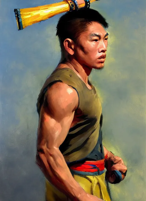 Prompt: greg manchess side portrait of a filipino mma fighter with a scepter sitting on a tank, organic painting, sunny day, matte painting, bold shapes, hard edges, street art, trending on artstation, by huang guangjian, gil elvgren, ruan jia, randy vargas, greg rutkowski