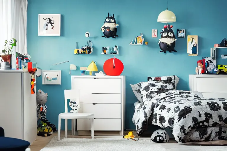 Prompt: IKEA catalogue photo of a children's bedroom with Totoro, Studio Ghibli, Soot sprites, Hayao miyazaki