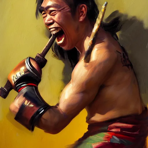 Image similar to greg manchess portrait of a laughing filipino mma fighter with a sword laughter, profile picture, organic painting, sunny day, matte painting, bold shapes, hard edges, street art, trending on artstation, by huang guangjian, gil elvgren, ruan jia, randy vargas, greg rutkowski
