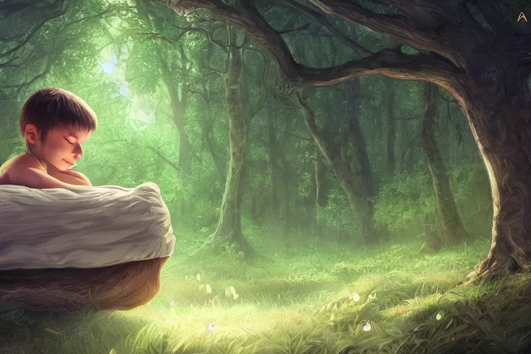 Prompt: a beautiful illustration of a little cute boy in his bed dreaming about a beautiful green forest, fantasy, intricate, epic lighting, cinematic composition, hyper realistic, 8 k resolution, unreal engine 5, by artgerm, artstation