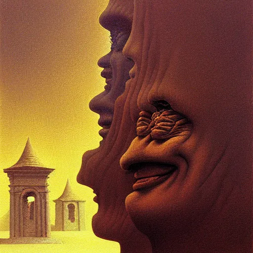 Image similar to soft focus deep shadows dystopian surreal painting of eerie grinning head statues and buildings by zdzisław beksinski