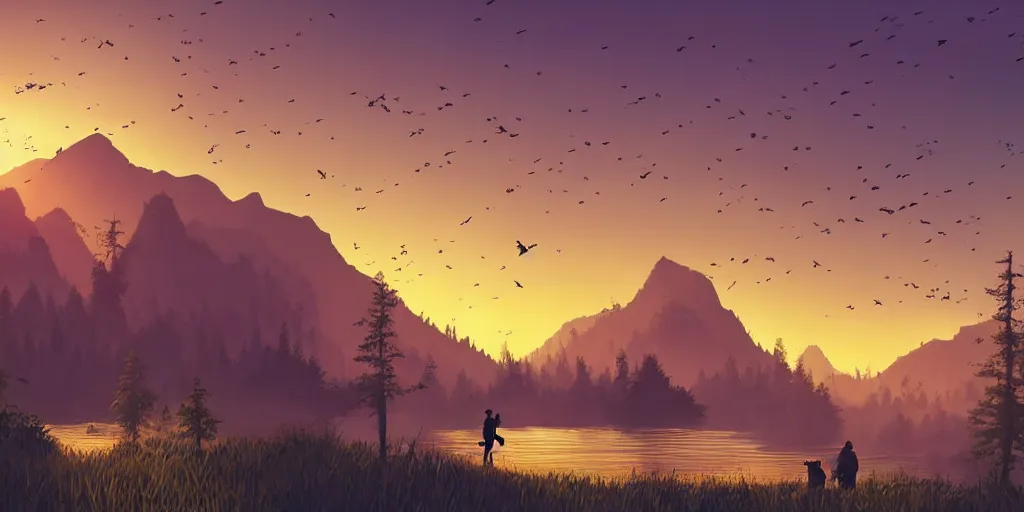 Image similar to A majestic landscape featuring a river, mountains and a forest. A group of birds is flying in the sky. There is an old man with a dog standing next to him. The man is wearing a backpack. They are both staring at the sunset. Cinematic, very beautiful, painting in the style of firewatch