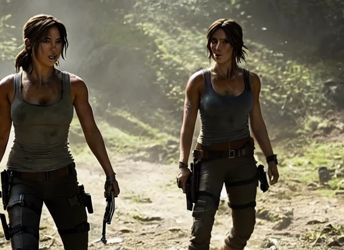 Image similar to film still of!!!! chloe bennett!!! as lara croft in new tomb raider movie, 8 k