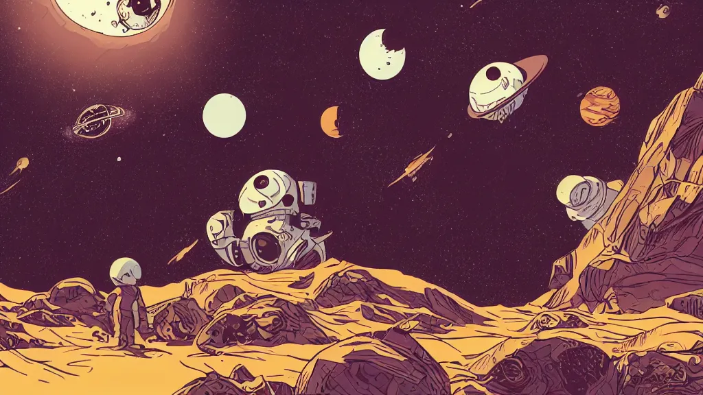 Image similar to very detailed, prophet graphic novel, ilya kuvshinov, mcbess, rutkowski, simon roy, illustration of a space junk floating in space around a dead planet, wide shot, colorful, deep shadows, astrophotography