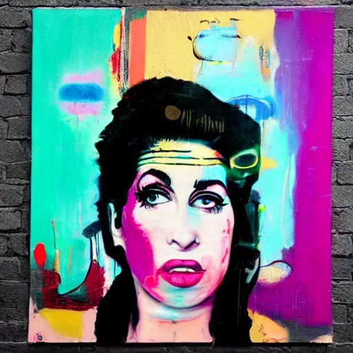 Prompt: amy winehouse, rain like a dream, oil painting, cyberpunk, basquiat + francis bacon, elevated street art, fantasy lut, pink, blue, purple, green,