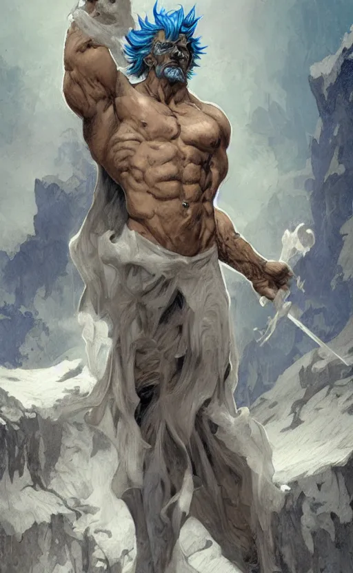 Image similar to rick sanchez, norse god, blue hair, masculine, mature, handsome, upper body, grey and silver, muscular, hairy torso, fantasy, intricate, muscular, elegant, highly detailed, digital painting, artstation, concept art, smooth, sharp focus, illustration, art by gaston bussiere and alphonse mucha