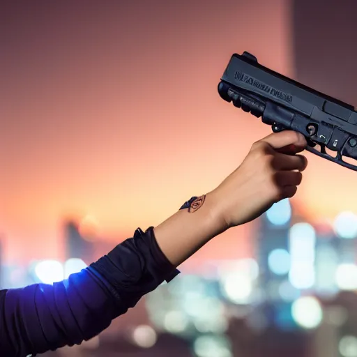 Image similar to photographic portrait of a techwear woman holding a Glock 18, closeup, on the rooftop of a futuristic city at night, sigma 85mm f/1.4, 4k, depth of field, high resolution, 4k, 8k, hd, full color