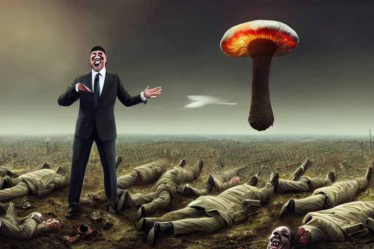 Prompt: a Comedian in suit and tie performing in a battle field with smiling dead bodies on the ground, comedian is funny, performing to dead soldiers, nuclear bomb mushroom cloud in far horizon, apocalypse, trending on artstation, artstationHD, hyperdetailed matte painting, highly detailed, digital painting, hyper-realistic, realistic, photorealistic