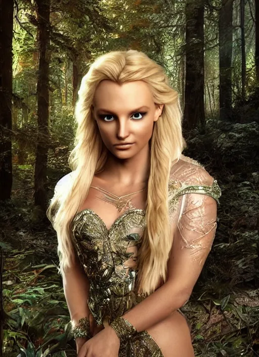 Prompt: Beautiful elsa, Looks like Britney Spears, In the woods, Dramatic, Edge, Good, Infused, Backlight, De-Noise, VFX, insanely detailed and intricate, hypermaximalist, elegant, ornate, hyper realistic, super detailed