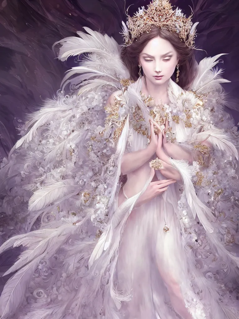 Prompt: ((A beautiful fantasy empress)), highly detailed full body, beautiful eyes, detailed intricate white flower tiara, feathers, ((wearing aristocrat robe)), silk, highly detailed figure, fractal crystal, epic composition, ultra wide-shot, dynamic pose, concept art, beautifully lit, digital painting, smooth, desaturated color theme, character design, sharp focus, elegant, intricate, post processing, artstation, by WLOP, James Jean, Victo Ngai, ryohei hase