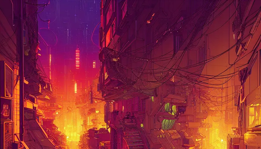 Prompt: an alley of a futuristic city at night by moebius and kilian eng, atmospheric, fine details, vivid, neon, masterpiece