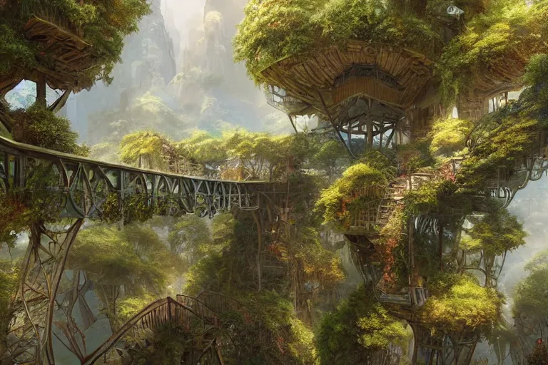 Prompt: one point perspective fantasy treetop village bridge view by artgerm and Craig Mullins, James Jean, Andrey Ryabovichev, Mark Simonetti and Peter Morbacher 16k