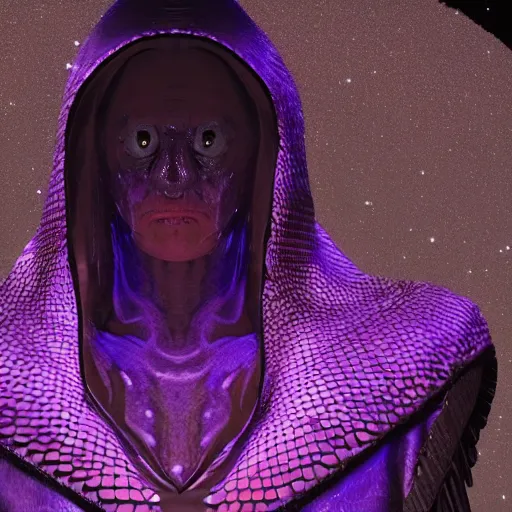 Prompt: a reptilian humanoid in a hooded cloak has luminescent scales that alternate neon coloring, the eyes are black and highly reflective, wet, stars in background, unreal engine 5 render, hyper realistic,