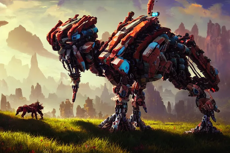 Image similar to grazer machine mecanical creature robot of horizon forbidden west horizon zero dawn bioluminiscence global illumination ray tracing hdr fanart arstation by ian pesty and alena aenami artworks in 4 k