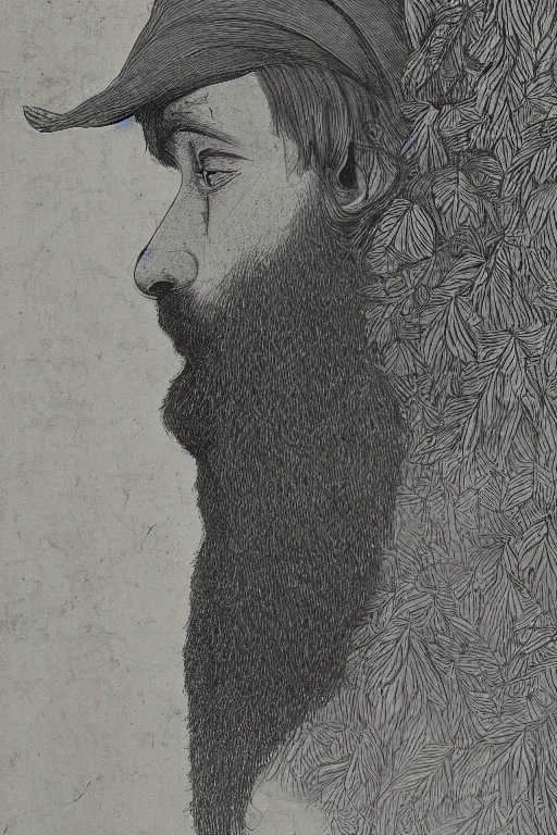 Prompt: a man's face in profile, long beard, made of foliage, in the style of the Dutch masters and Gregory crewdson, dark and moody