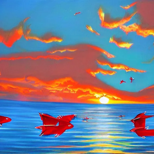 Image similar to sunrise in paradisiacal bay next to winged red panthers, art, concept art, painting