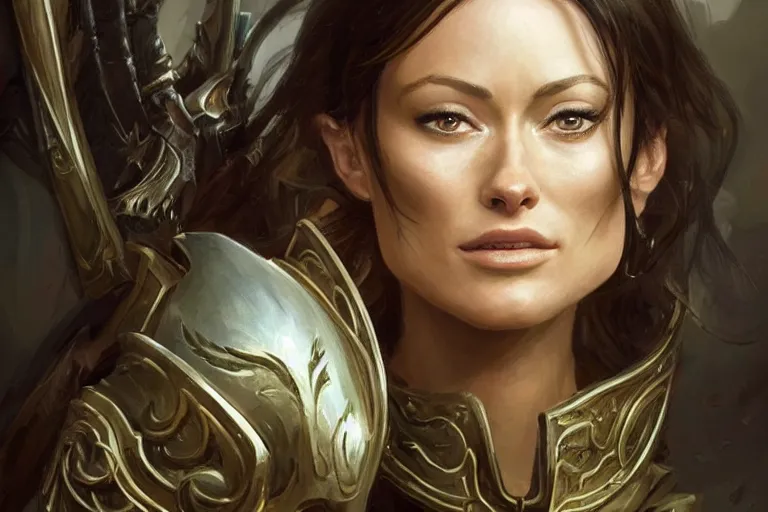 Image similar to a professional painting of Olivia Wilde clothed in military armor, olive skin, long dark hair, beautiful bone structure, symmetrical facial features, intricate, elegant, digital painting, concept art, smooth, sharp focus, illustration, from WarCraft by Ruan Jia and Mandy Jurgens and Artgerm and William-Adolphe Bouguerea