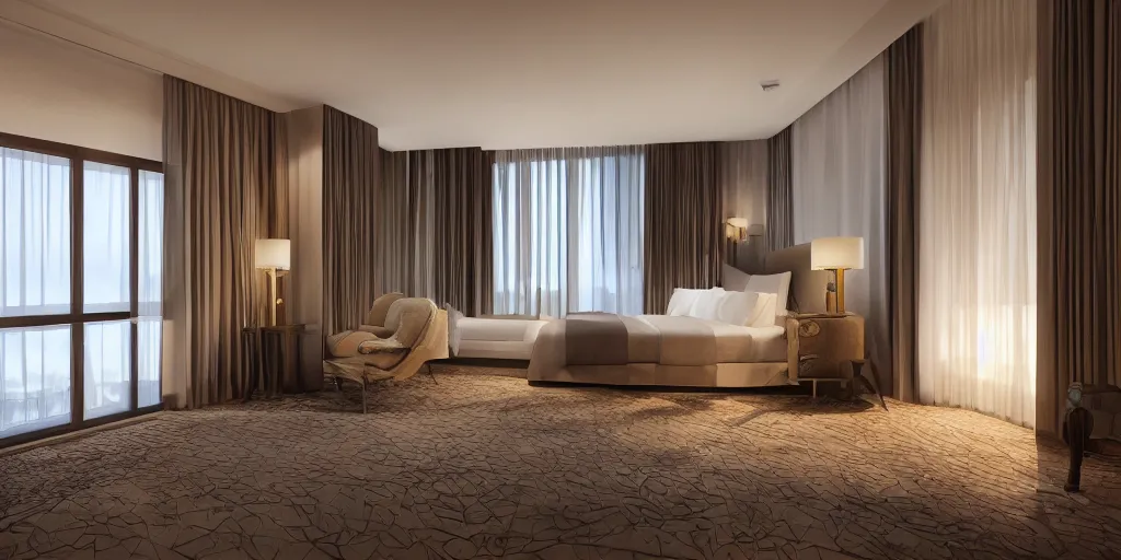 Image similar to inside view of a hotel room, unreal 5, hyperrealistic, realistic, photorealistic, dynamic lighting, highly detailed, cinematic landscape, studio landscape, studio lighting