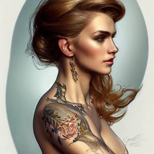 Image similar to ultra realistic illustration, a hot and beautiful tattooed blonde slavic woman in her 3 0's, intricate, elegant, highly detailed, digital painting, artstation, concept art, smooth, sharp focus, illustration, art by artgerm and greg rutkowski and alphonse mucha