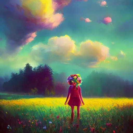 Prompt: girl with a flower face, surreal photography, dream, standing in flower field, in a valley, sunrise dramatic light, impressionist painting, colorful clouds, artstation, simon stalenhag