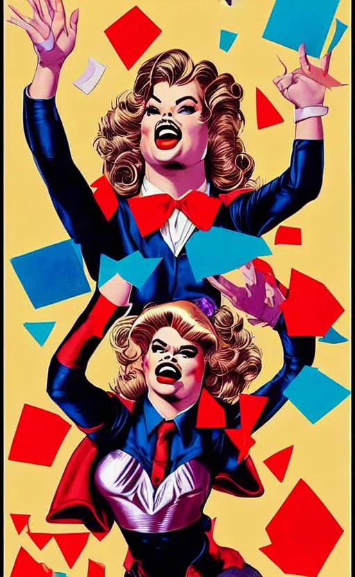 Image similar to rip taylor throwing confetti, retro - futuristic poster style by artgerm and arthur adams, amazing composition