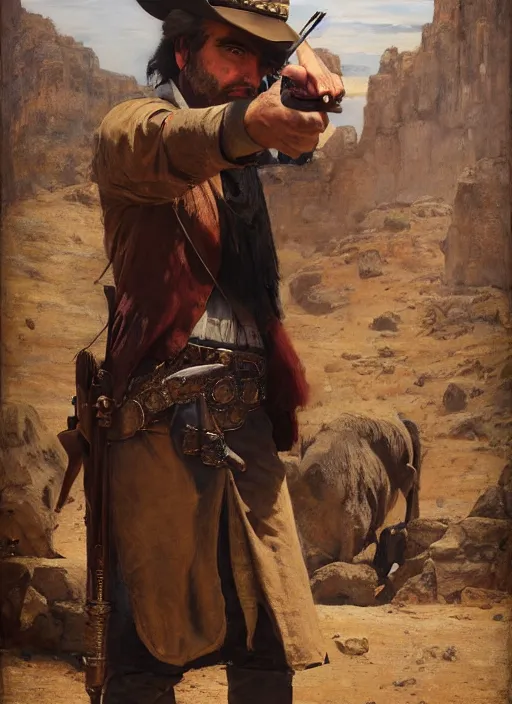 Prompt: Old west circus trickshooter (rdr2). Iranian orientalist portrait by john william waterhouse and Edwin Longsden Long and Theodore Ralli and Nasreddine Dinet, oil on canvas. Cinematic, hyper realism, realistic proportions, dramatic lighting, high detail 4k