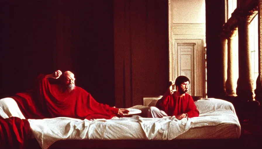 Prompt: 1 9 6 0 s movie still by tarkovsky of socrates drinking hemlock in a bowl in a bed with red drapery in a neoclassical room with columns, cinestill 8 0 0 t 3 5 mm, high quality, heavy grain, high detail, panoramic, cinematic composition, dramatic light, ultra wide lens, anamorphic, flares