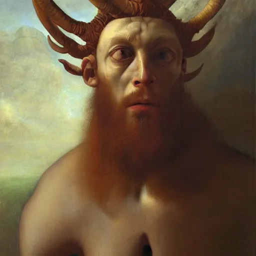 Prompt: a demonic eagle-eyed faun Jan Van eyck odd nerdrum dragan bibin john steuart curry