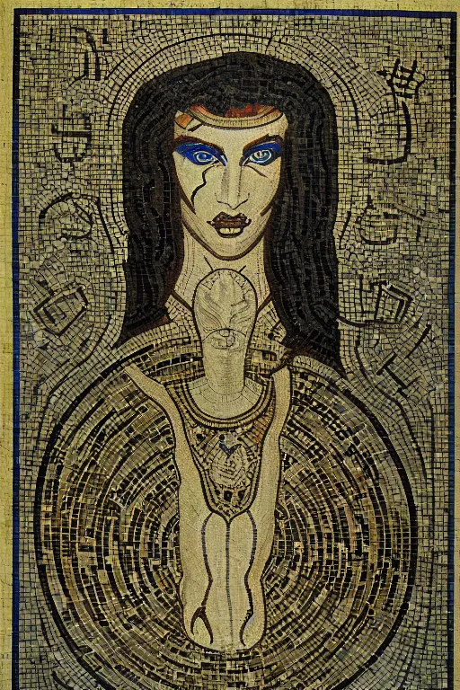 Image similar to a ceramic mosaic of astarte, detailed faces, intricate detail, by austin osman spare, occult art, alchemical diagram