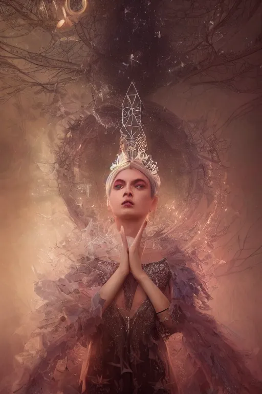 Image similar to Atmospheric detailed photography of a beautiful magician , wearing crystal fractal tiara, Symmetrical composition, fantasy long intricate gown, sharp focus, octane render, high quality, 8k, volumetric lighting, color grading, by Tom Bagshaw and James Jean and Artgerm