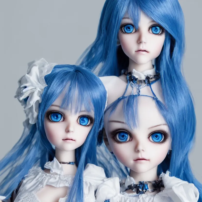 Image similar to dollfie gothic face, profesional studio portrait, blue hair, blue and bright eyes, zoom in, highly detailed