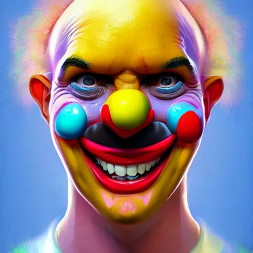 Image similar to Portrait of a colorful happy joyful funny smiling clown, artstation, cgsociety, masterpiece