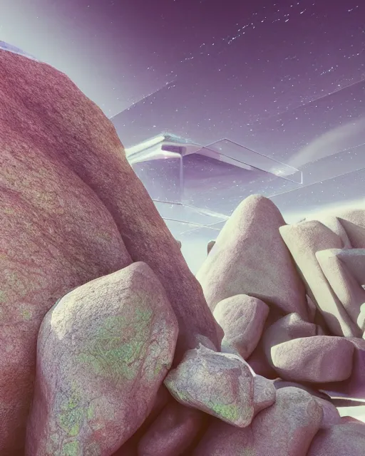 Prompt: psychedelic visions of huge rocks hallucinating on mescaline, futuristic white iridescent metal constructions floating around, no text, rendered with octane, hyper realistic, hyper detailed, surreal, futuristic, 8k