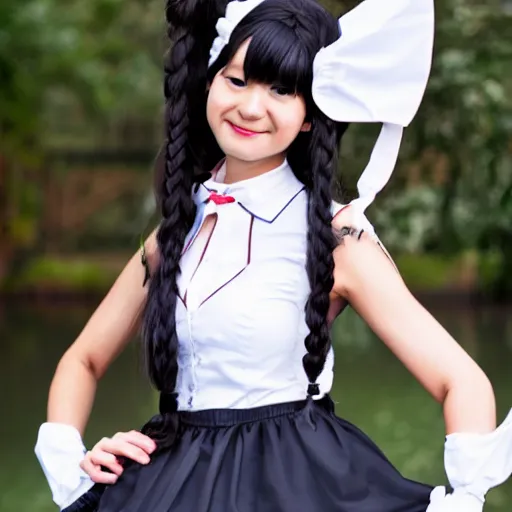 Image similar to a high definition photo of a young cosplayer with twin tails, wearing maid dress