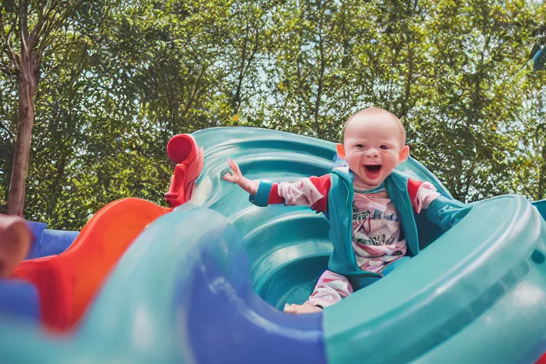 Image similar to photo of Baby Yoda going down a slide at a children’s playground, his arms are in the air and he’s smiling, shallow depth of field, Nikon 50mm f/1.8G,