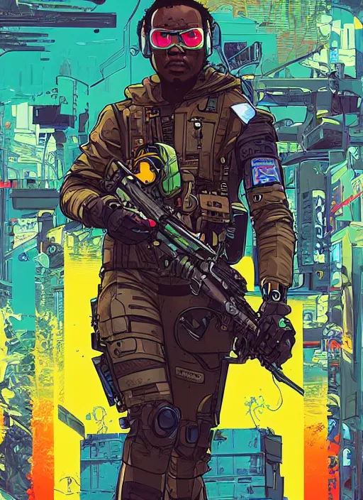 Image similar to chidi igwe. cyberpunk hacker in tactical jumpsuit. portrait illustration, pop art, splash painting, art by geof darrow, ashley wood, alphonse mucha, makoto shinkai ( apex legends )