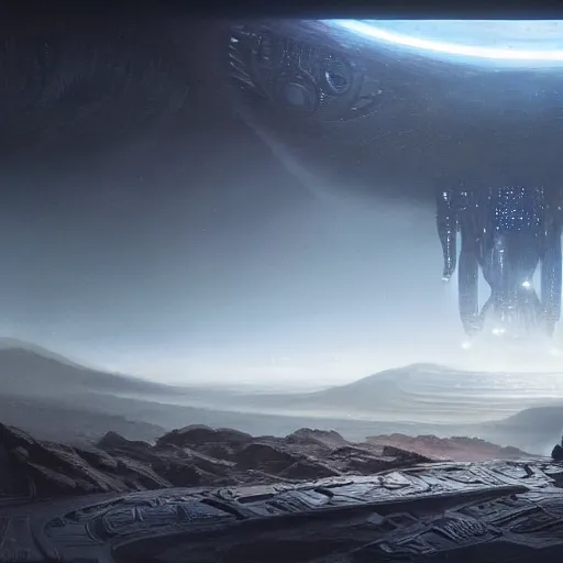 Prompt: An advanced alien civilization, Prometheus, Dune, cinematic lighting, cinematic, concept art, 4k, detailed, award-winning, by Alphone Mucha, Greg Rutkowski, James Gurney