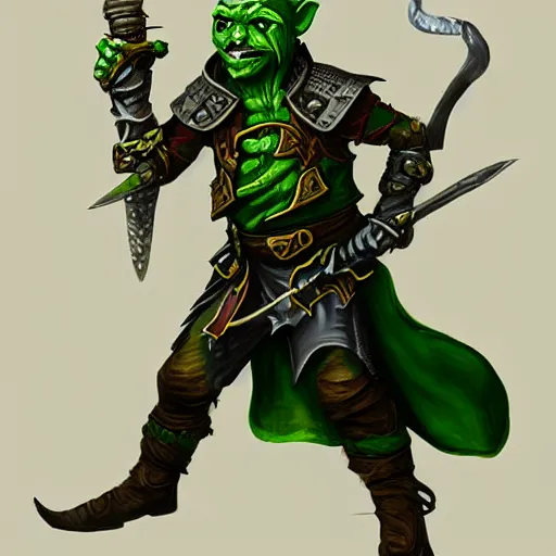 Prompt: character portrait of a wild - eyed green - skinned androgynous goblin pirate wielding daggers and wearing fully clothed leather armor. d & d. warhammer fantasy. digital painting. high detail.