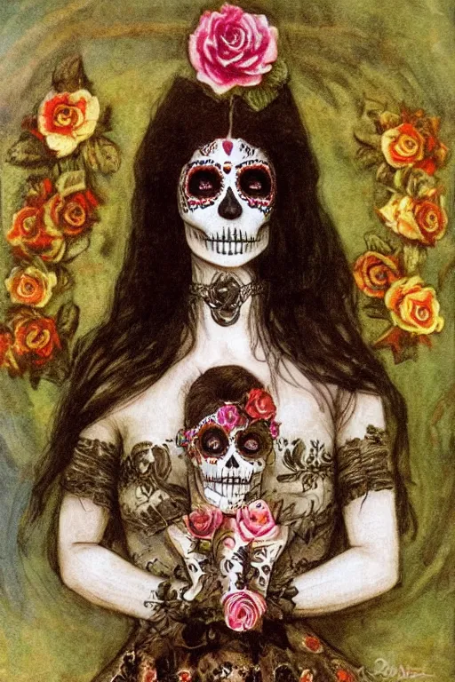 Image similar to Illustration of a sugar skull day of the dead girl, art by arnold bocklin