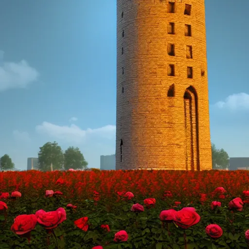 Image similar to photo of a dark tower in the center of a field of roses. golden hour. photorealism. octane render. 4 k trends on artstation. canon mark 3