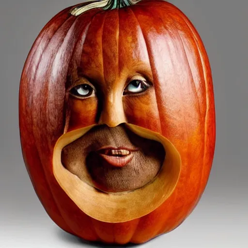 Image similar to a [ gourd ] carved shaped to look like ( amber heard face ) hybrid intercross